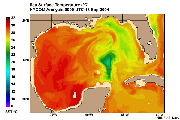 Sea Surface Temperature ( C) in the Gulf of Mexico. HYCOM Analysis 00 UTC 16 Sep 2004