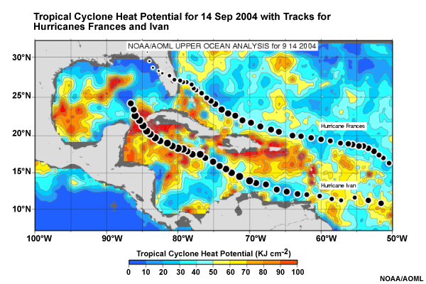 Tropical Cyclone Heat Potential in the Caribbean and Gulf of Mexico for 14 Sep 2004 with Tracks for Hurricanes Frances and Ivan