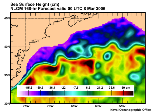 Sea Surface Height in the NW Atlantic. NLOM 168-hr Forecast valid 00 UTC 8 Mar 2006