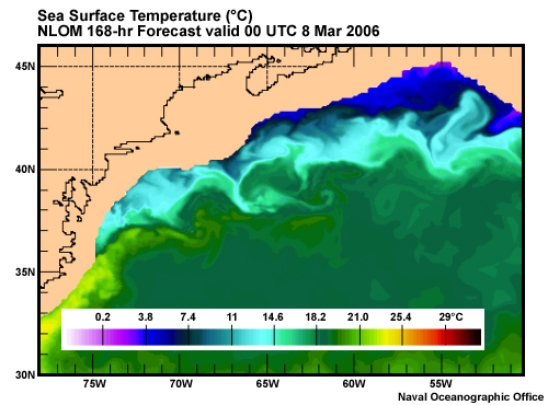Sea Surface Temperature in the NW Atlantic. NLOM 168-hr Forecast valid 00 UTC 8 Mar 2006