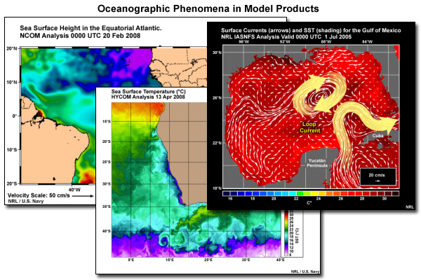 Montage of ocean model products show oceanographic phenomena