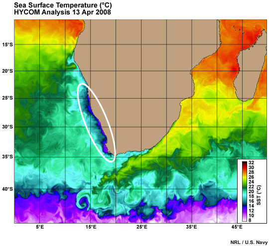 Sea Surface Temperature ( C) around southern Africa. HYCOM Analysis 13 Apr 2008