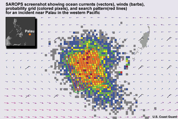 SAROPS screenshot showing ocean currents (vectors), winds (barbs), probability grid (colored pixels), and search pattern(red lines) for an incident near Palau in the western Pacific