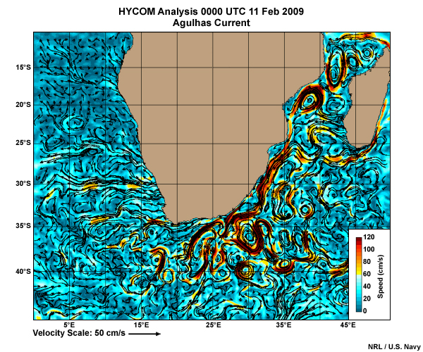 Loop of HYCOM Analyses of surface current speed and direction for the Gulf Stream, Kuroshio Current, and Agulhas Current.

