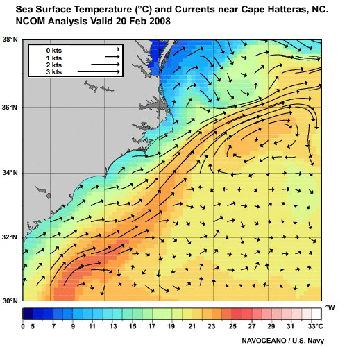 Sea Surface Temperature (C) and Currents near Cape Hatteras, NC. 
3-hourly NCOM  Forecasts 00 UTC 20 Feb 2008 to 00 UTC 23 Feb 2008