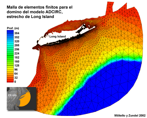 Malla de elementos finitos para el dominio del modelo ADCIRC, estrecho de Long Island