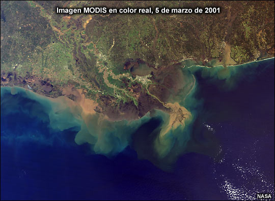 Imagen MODIS en color real (5 de marzo de 2001 a las 10:55 AM); se nota la mezcla de las aguas turbias pardas del Misisipí con las aguas azules del Golfo de México dos días después de una tormenta.