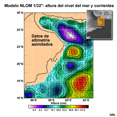 Pronóstico del modelo Navy Layered Ocean Model (NLOM) de 1/32 grados de la altura de la superficie del mar y de corrientes con asimilación, Mar Arábigo, 2-6 Oct 2002