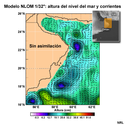Pronóstico del modelo Navy Layered Ocean Model (NLOM) de 1/32 grados de la altura de la superficie del mar y de corrientes sin asimilación, Mar Arábigo, 2-6 Oct 2002