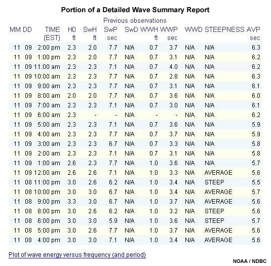 A section of a Detailed Wave Summary report
