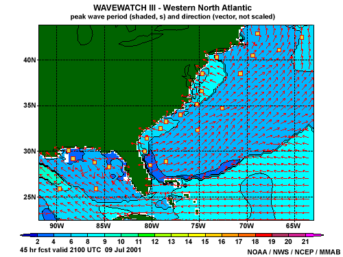 Example of a 2-D NWW3 plot of peak wave period and wave direction for the western North Atlantic