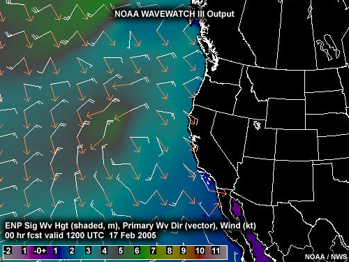 AWIPS display of Wave Watch 3 model output for the Eastern North Pacific regional run.  Shows significant wave height, primary wave direction and wind speed.