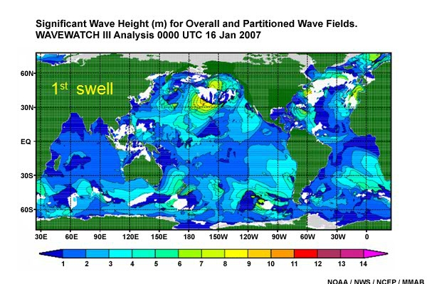 Significant Wave Height (m) for Overall and Partitioned Wave Fields. Wavewatch III Analysis 0000 UTC 16 Jan 2007