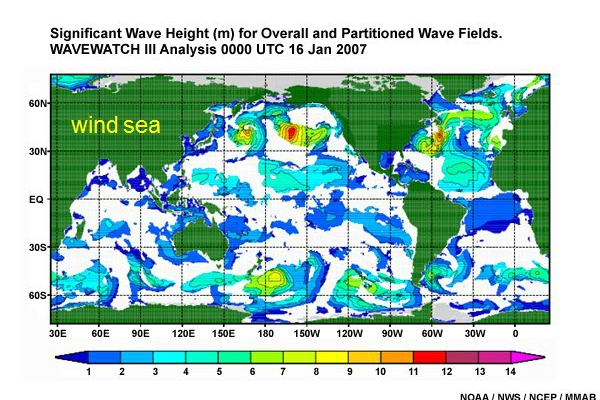 Significant Wave Height (m) for Overall and Partitioned Wave Fields. Wavewatch III Analysis 0000 UTC 16 Jan 2007