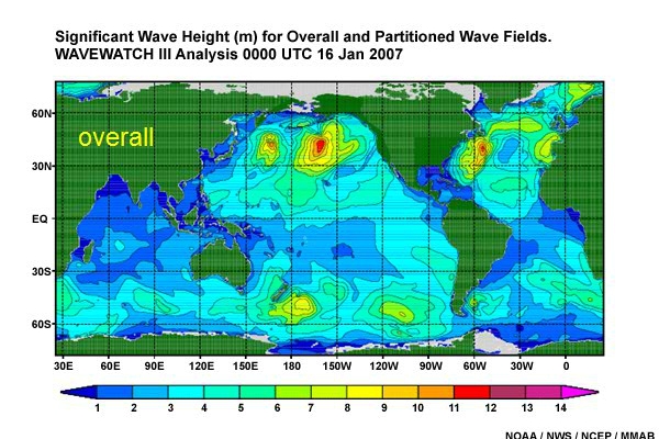 Significant Wave Height (m) for Overall and Partitioned Wave Fields. Wavewatch III Analysis 0000 UTC 16 Jan 2007