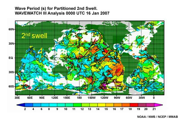 Peak Wave Period (s) for Overall and Partitioned Wave Fields. 
Wavewatch III Analysis 0000 UTC 16 Jan 2007
