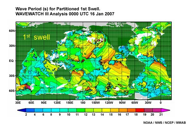 Peak Wave Period (s) for Overall and Partitioned Wave Fields. Wavewatch III Analysis 0000 UTC 16 Jan 2007