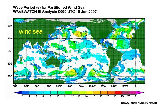 Peak Wave Period (s) for Overall and Partitioned Wave Fields. Wavewatch III Analysis 0000 UTC 16 Jan 2007