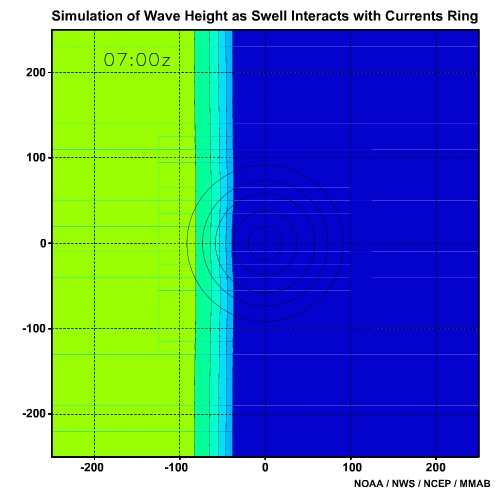 Simulation of Wave Height as Swell Refracts Around and Shoals Over a Seamount