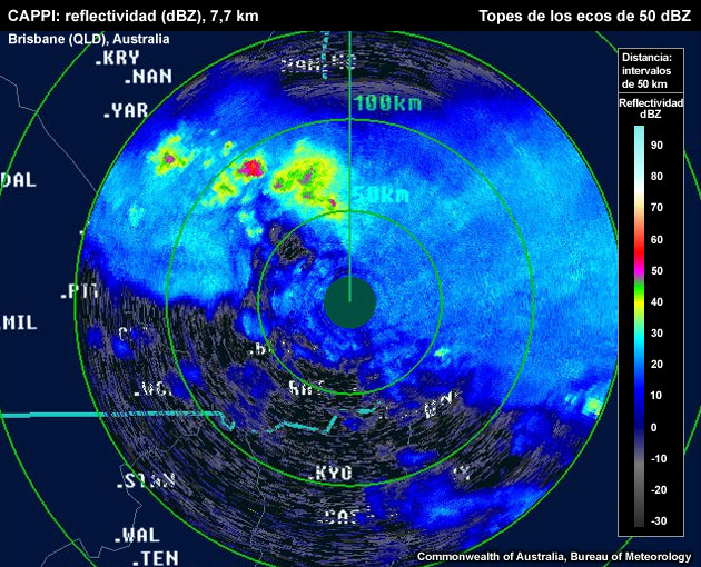 Los topes 50 dBZ de la tormenta penetran el nivel del CAPPI que se estableció en la altura del nivel de umbral para granizo de 2 cm, un indicador de la probabilidad de granizo grande.