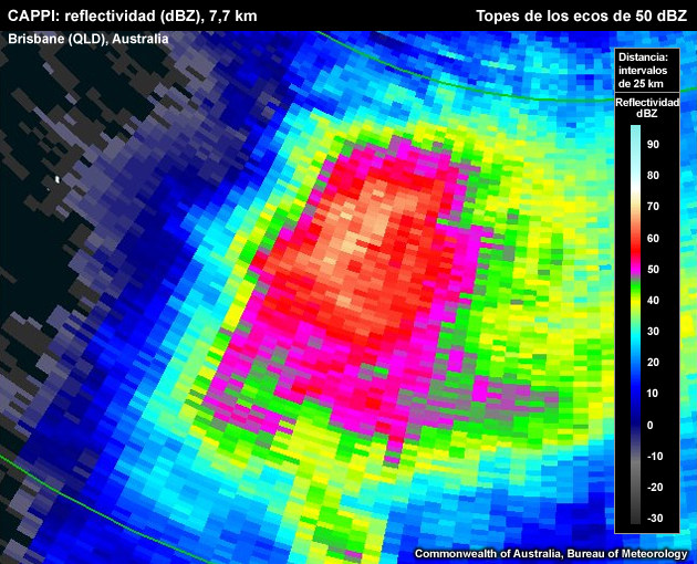 Gran extensión horizontal de reflectividades muy altas que sobrepasan la altitud de formación de granizo de 2 cm en el CAPPI. La reflectividad máxima es de aproximadamente 69,0 dBZ