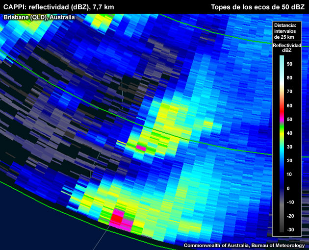 Algunos píxeles con reflectividades superiores a 50 dBZ sobrepasan la altitud de formación de granizo de 2 cm en el indicador CAPPI. La reflectividad máxima es de aproximadamente 50,5 dBZ. Nota: obviamente, es menos significativo que un solo píxel sobrepase el umbral de altura que varios, como en el ejemplo anterior.