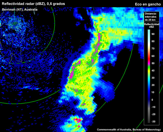 Reflectividad (dBZ) del radar, Berrimah (NT), Australia, eco en forma de arco