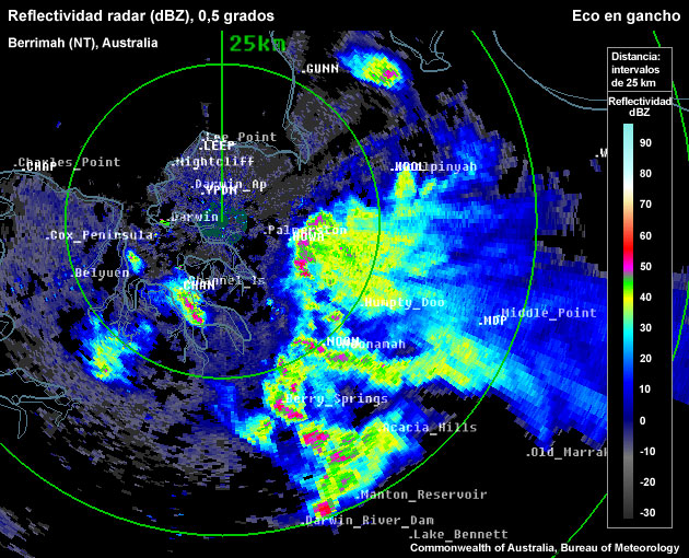 Reflectividad (dBZ) del radar de Berrimah (NT), Australia, 0950 UTC del 13 de diciembre de 2006