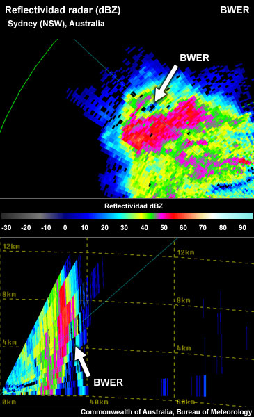 En el PPI, la señal BWER no parece estar cerrada en el lado NE, pese a los píxeles de ~40-45 dBZ; forma en gancho en el barrido RHI. La señal BWER cerrada en el PPI depende en gran medida de la paleta de colores empleada para visualizar los datos de reflectividad. Un leve desplazamiento (pocos dBZ) en el umbral de reflectividad para los colores rojizos podría terminar de cerrar la región de eco débil acotada.