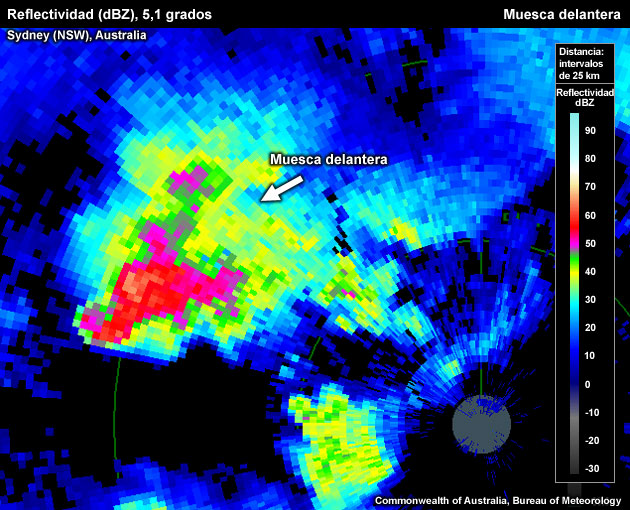 Esta es la identificación correcta de la muesca en el flanco delantero de la tormenta analizada en la imagen anterior. Está situada en los niveles medios de la parte delantera de la tormenta.