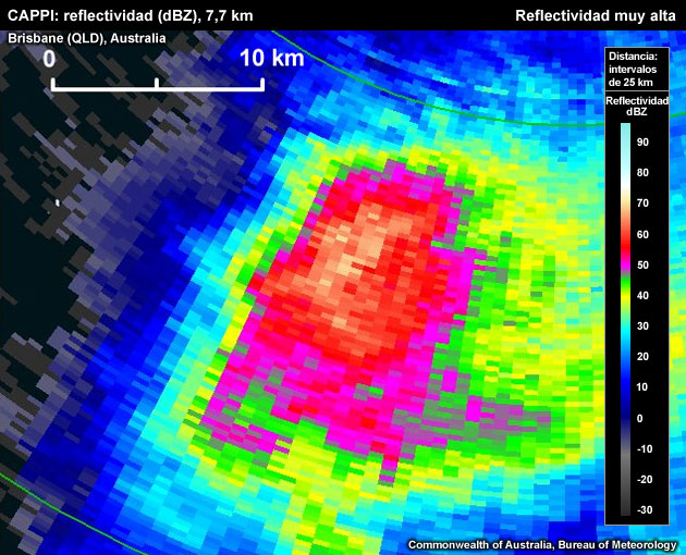 Área horizontal grande con ecos de reflectividad superiores a 60 dBZ.