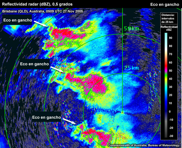 Reflectividad (dBZ) del radar de de Brisbane (Queensland, Australia), 0509 UTC del 27 de noviembre de 2005