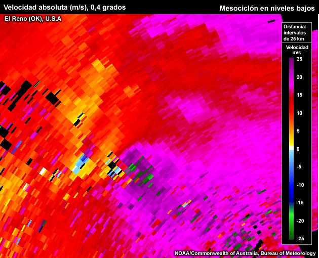Velocidad absoluta (m/s), 0,5 grados, El Reno (Oklahoma, EE.UU.), mesociclón en niveles bajos