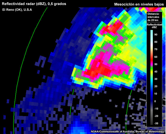 Reflectividad (dBZ) del radar, 0,5 grados, El Reno (Oklahoma, EE.UU.), mesociclón en niveles bajos