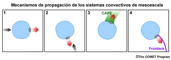 Descripción conceptual de los cuatro procesos de propagación de los sistemas convectivos de mesoescala.