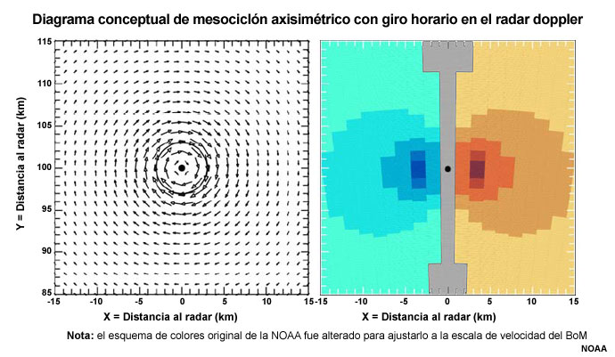 Patrón de velocidad doppler de un mesociclón típico del hemisferio sur (circulación con giro horario) que tiene un pico de velocidades tangenciales de 25 m s-1 (48 kt) a un radio de 3 km del centro de la circulación (punto negro); el círculo indica el radio de vientos máximos. La longitud de las flechas es proporcional a la velocidad del viento. La imagen de la derecha muestra como aparecería esta circulación en la imagen de velocidad base de un radar doppler.