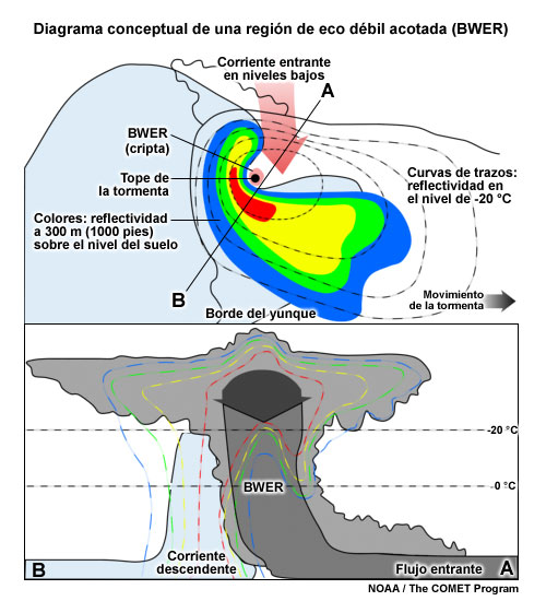 Modelo conceptual de la estructura de una señal BWER en el interior de una tormenta. La imagen superior muestra una vista en plano de los niveles bajos de la tormenta (niveles de reflectividad en colores) y el nivel de -20 grados C (isolíneas de reflectividad de trazos). La flecha roja representa el flujo entrante. La imagen inferior muestra un corte vertical de la tormenta, con isolíneas de reflectividad de trazos. Las flechas grises representan la corriente ascendente y la región celeste, la corriente descendente.