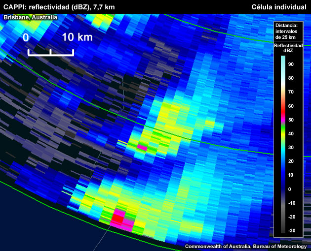 Solo un par de píxeles superan los 50 dBZ en el nivel del CAPPI.
