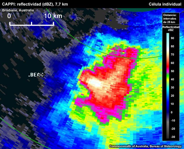 La reflectividad máxima es de aproximadamente 80 dBZ.