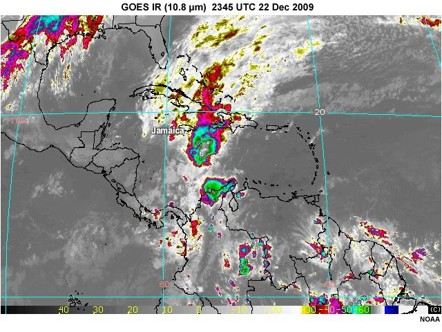 Animation of enhanced satellite IR images of strong convection and clouds associated with a quasi-stationary front and deepening surface low over the Western Caribbean, 22-23 December 2009