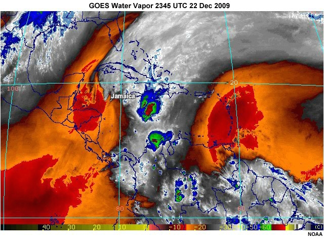 Animation of enhanced satellite water vapor images of strong convection and clouds associated with a quasi-stationary front and deepening surface low over the Western Caribbean, 22-23 December 2009