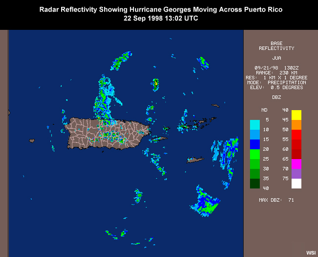 Radar reflectivity showing Hurricane Georges moving across Puerto Rico from 13:02 UTC on 21 Sep to 15:31 UTC on 22 Sep 1998 