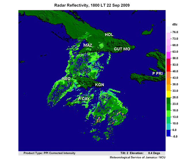 Long-range radar reflectivity on 22 - 23 December 2009 from Jamaican Meteorological Service Radar in Kingston, Jamaica