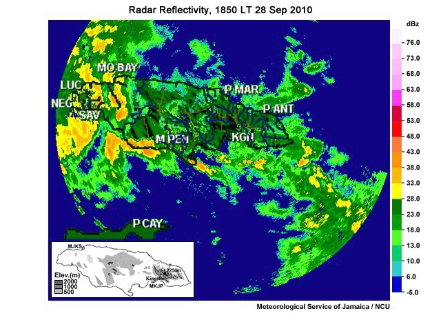 Radar reflectivity images from 1850LT 28 Sep to 0210LT 29 Sep 2010 of thunderstorms that produced tornado, severe weather, and floods across Jamaica