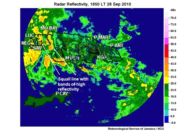 Radar reflectivity images from 1850LT 28 Sep to 0210LT 29 Sep 2010 of thunderstorms that produced tornado, severe weather, and floods across Jamaica