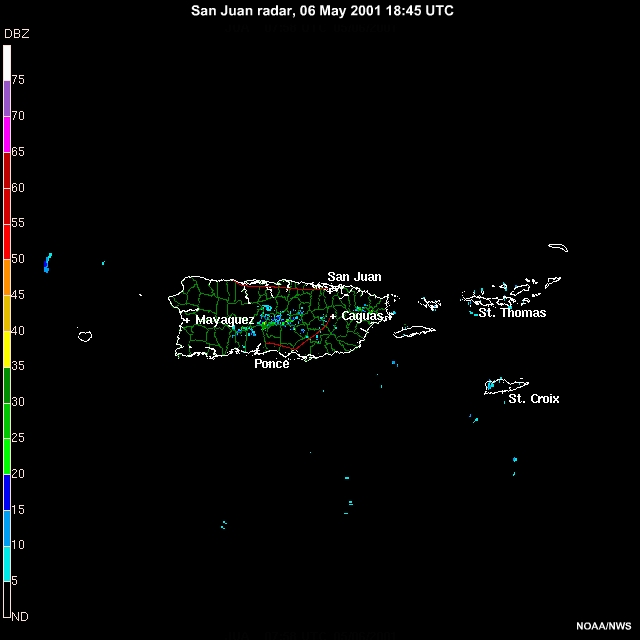 Radar reflectivity from 07:58 UTC on 6 May 2001 to 01:59 UTC on 7 May 2001 from San Juan NWS Doppler Radar. 