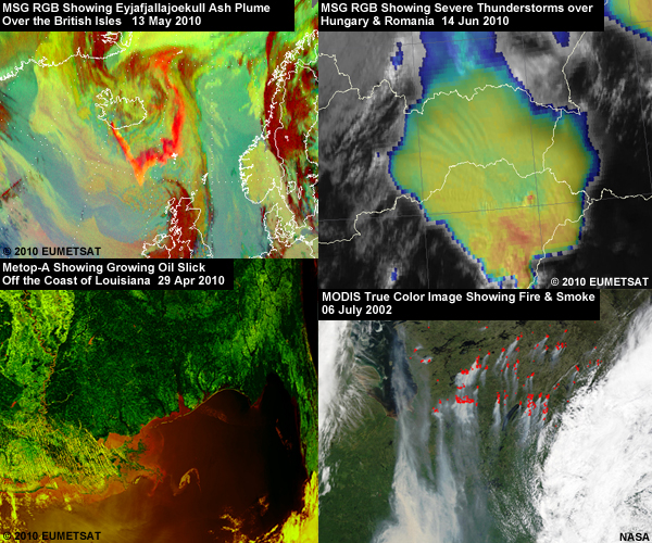 Satellite images of 4 environmental hazards (volcanic ash, a severe thunderstorm, an oil slick, and fire and smoke)