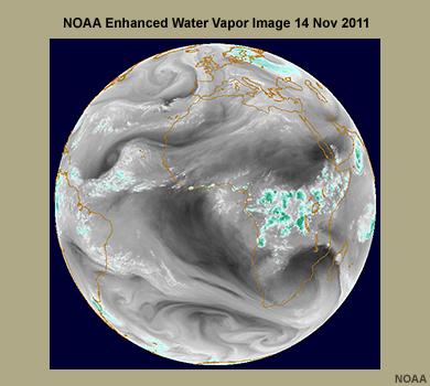 Graphic showing the different systems that contribute to climate, with the hydrosphere highlighted and an enhanced water vapor image shown.