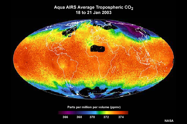 Tropospheric average carbon dioxide concentrations as retrieved from EOS Aqua AIRS sounder data from 18 to 21 January, 2003.