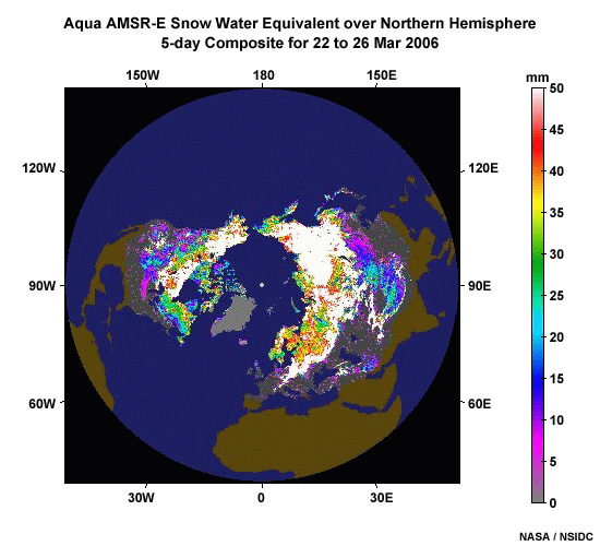 Five-day snow water equivalent composite analysis from the Aqua AMSR-E microwave imager covering the Northern Hemisphere for the period ending 26 March 2006.
